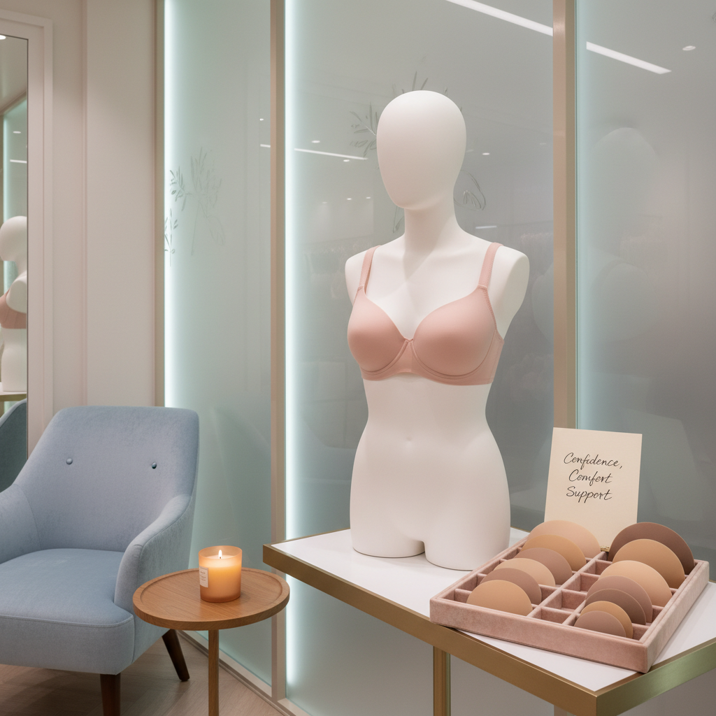 A dedicated post-mastectomy care corner in a refined lingerie salon, depicted with dignity and sensitivity and no human figures. A smooth, matte-white display bust form with minimal anatomical detail presents a seamless, pocketed bra in a soft blush tone, beside a discreet tray of silicone prosthetics resting on velvet-lined insets. Behind, frosted glass panels with subtle botanical etching provide privacy, while a small note card in elegant script reads “Confidence, Comfort, Support.” The space is accented with a pale blue upholstered chair and a small side table holding a single candle in a frosted holder. Soft, indirect LED lighting and gentle natural light create a calm, even illumination with minimal shadows. Captured at eye level in photographic realism, the mood is respectful, reassuring, and quietly empowering.