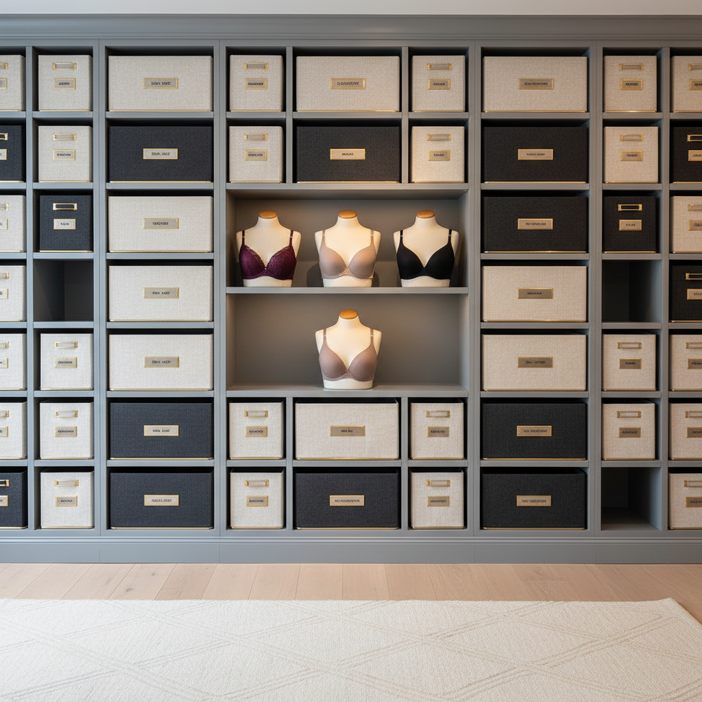 A meticulously organized bra size and style library wall in a premium boutique, shot without any human presence. Floor-to-ceiling shelving in matte dove-gray holds elegant, labeled drawers and fabric-front bins, each tagged with discreet gold-embossed size markers. On a central open shelf, a few carefully chosen bras in extended sizes—rich plum, soft taupe, and classic black—are displayed on contoured, fabric-covered forms that avoid any explicit body detail. Warm, diffused track lighting grazes the shelves, creating gentle highlights on the labels and subtle shadows in the cubbies. The floor is pale oak, and a plush area rug anchors the scene. Photographed straight-on with sharp focus throughout, the mood is orderly, reassuring, and quietly luxurious in photographic realism.