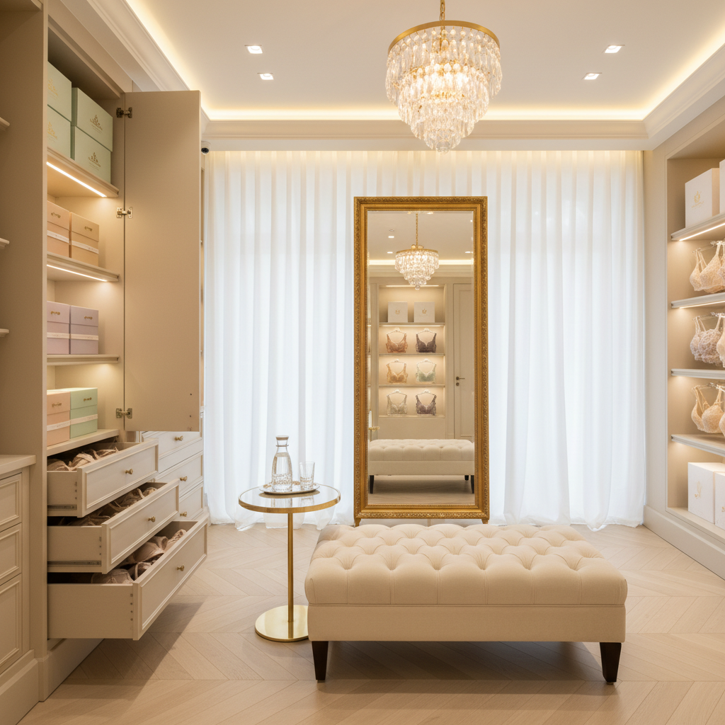 An elegant fitting room interior in a luxury bra boutique, carefully styled without any people present. A plush, tufted cream bench sits atop a pale herringbone wood floor, beside a small round side table holding a crystal water carafe and glass. Along one wall, a built-in cabinet with soft-close drawers is slightly open to reveal neatly stacked bra boxes in muted pastel tones. A full-height, gold-framed mirror reflects sheer curtains and a hint of softly lit display shelving outside. Warm, indirect lighting from a chandelier and concealed cove lights create a flattering, gentle glow with minimal shadows. Captured from a slightly wide, eye-level angle in photographic realism, the scene feels serene, private, and indulgently comfortable.