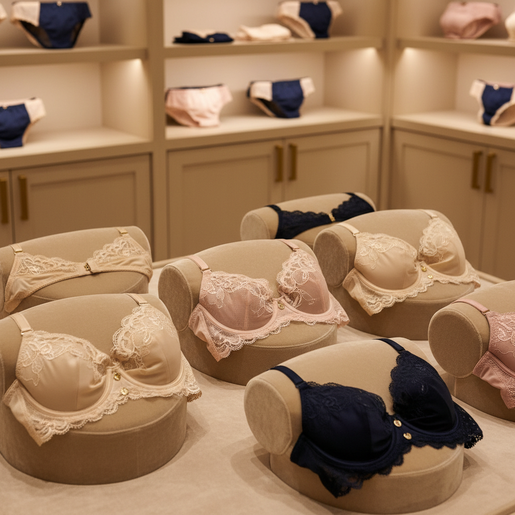 A collection of luxurious bras displayed on a curved, velvet-lined display stand in a softly lit boutique, with no mannequins or human forms visible. Satin, lace, and microfiber bras in champagne, blush, deep navy, and soft black are arranged like delicate works of art, each resting on individual padded risers. The background shows custom cabinetry in warm white with brushed gold hardware and neatly folded matching lingerie in cubbies. Warm, diffused ceiling lighting and hidden LED strips create a gentle glow, highlighting textures and casting soft shadows. Photographed at eye level with a shallow depth of field, the front bras in crisp focus and the background softly blurred. The atmosphere feels sophisticated, private, and inviting, in clean photographic realism.